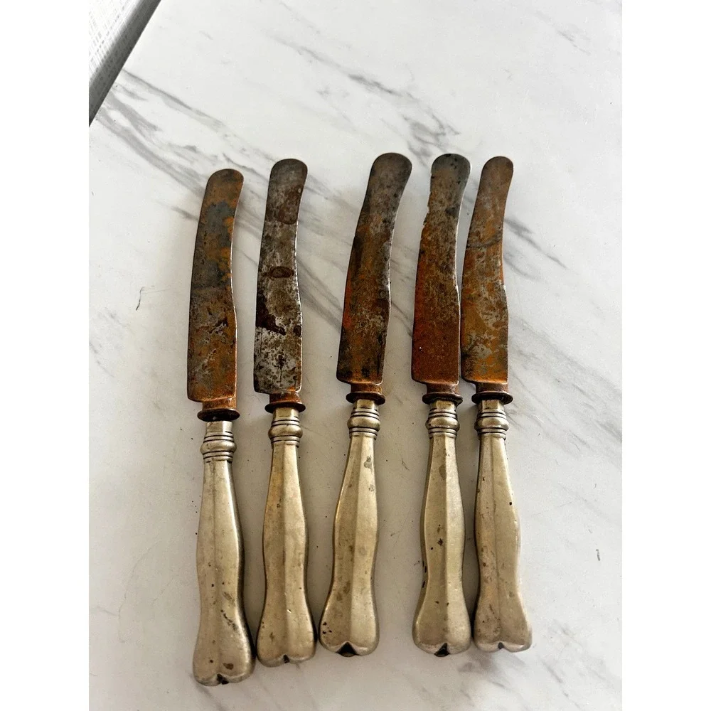 Antique Butter Knives Silver Plate Unique Shaped Handles Marked‎ Set of 5 BxA